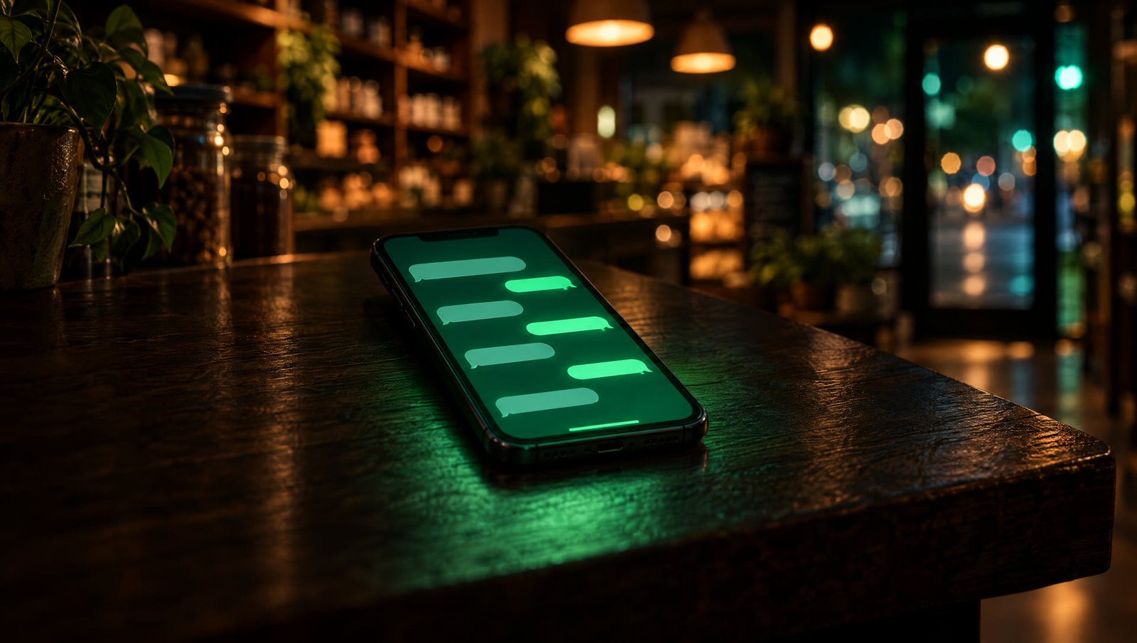 Un celular con una conversación de WhatsApp sobre el mostrador de un negocio local